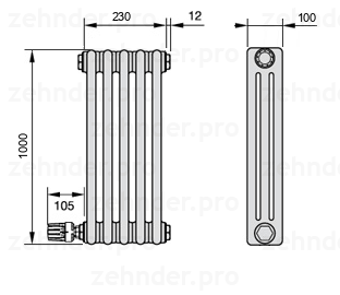 Схема (чертеж) Радиатор Zehnder Charleston 3100/5 №V004 Белый глянцевый RAL 9016